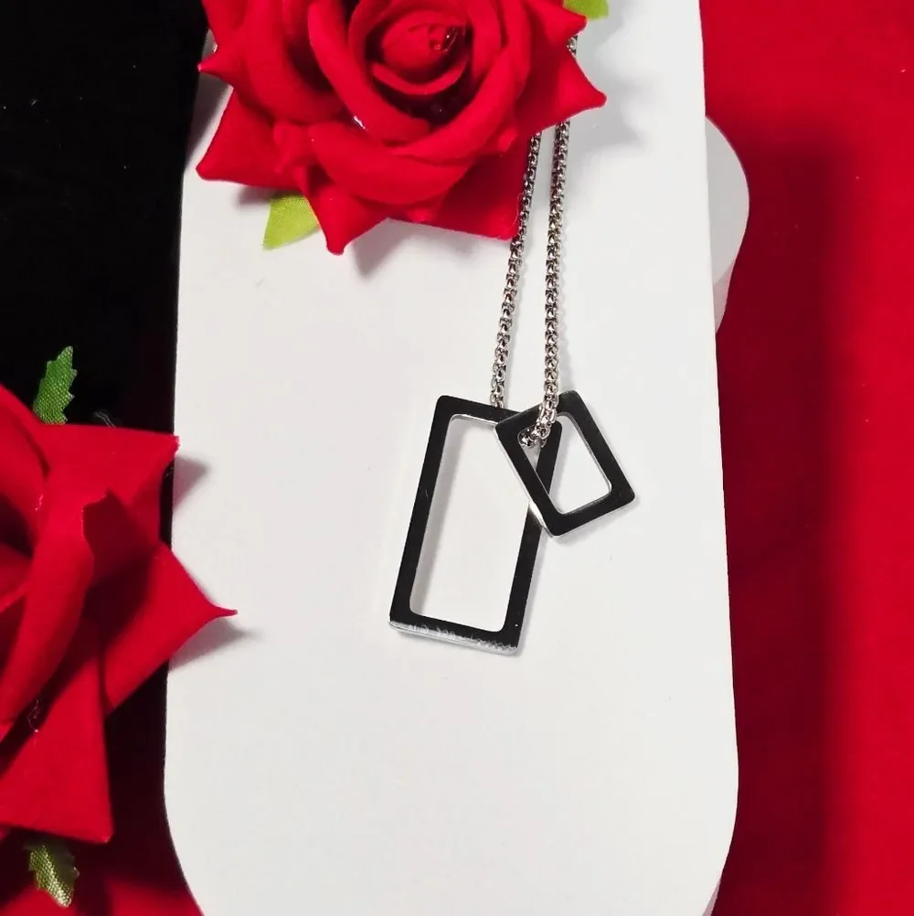 Silver Geometric Rectangle Pendant Necklace Stainless Steel Unisex 24